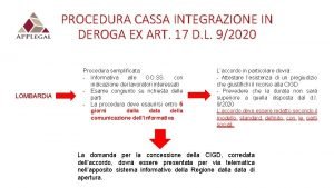 PROCEDURA CASSA INTEGRAZIONE IN DEROGA EX ART 17