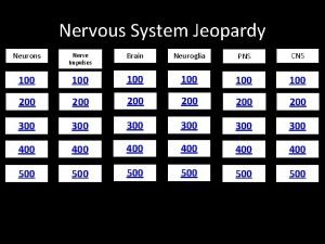 Nervous System Jeopardy Neurons Nerve Impulses Brain Neuroglia