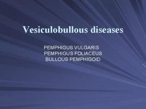 Vesiculobullous diseases PEMPHIGUS VULGARIS PEMPHIGUS FOLIACEUS BULLOUS PEMPHIGOID