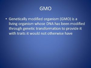 GMO Genetically modified organism GMO is a living