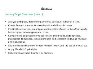 Genetics Learning Target Objectives I can Analyze pedigrees