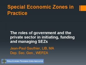 Special Economic Zones in Practice The roles of