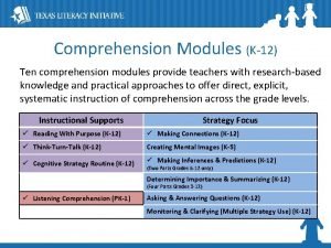 Comprehension Modules K12 Ten comprehension modules provide teachers