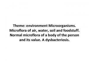 Theme environment Microorganisms Microflora of air water soil