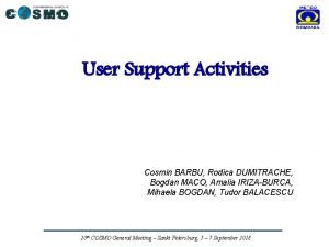 User Support Activities Cosmin BARBU Rodica DUMITRACHE Bogdan