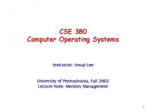 CSE 380 Computer Operating Systems Instructor Insup Lee