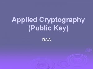 Applied Cryptography Public Key RSA Public Key Cryptography