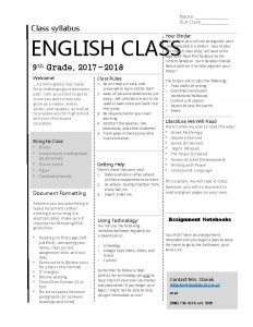 Name ELA Class Class syllabus Your Binder ENGLISH