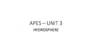 APES UNIT 3 HYDROSPHERE HYDROLOGY the study of