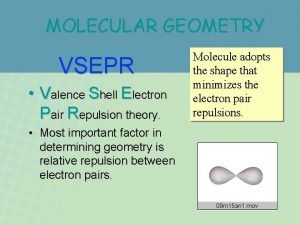 MOLECULAR GEOMETRY VSEPR Valence Shell Electron Pair Repulsion