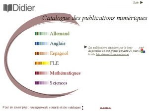 Suite Catalogue des publications numriques Allemand Anglais Espagnol