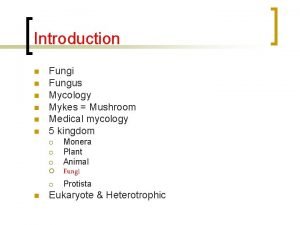 Introduction n n n Fungi Fungus Mycology Mykes