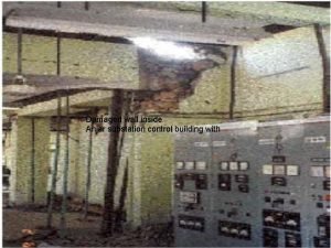 Damaged wall inside Anjar substation control building with
