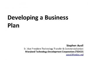 Developing a Business Plan Stephen Auvil Sr Vice