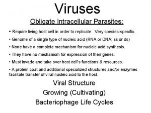 Viruses Obligate Intracellular Parasites Require living host cell