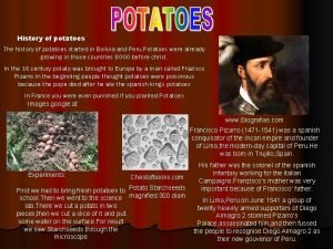 History of potatoes The history of potatoes started