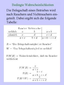 Bedingte Wahrscheinlichkeiten Die Belegschaft eines Betriebes wird nach