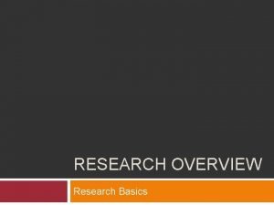 RESEARCH OVERVIEW Research Basics Steps in the Research