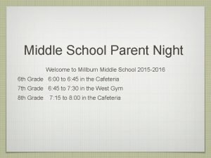 Middle School Parent Night Welcome to Millburn Middle