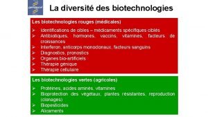 La diversit des biotechnologies Les biotechnologies rouges mdicales