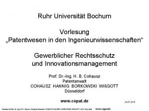 Ruhr Universitt Bochum Vorlesung Patentwesen in den Ingenieurwissenschaften