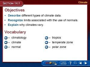 Climate Objectives Describe different types of climate data