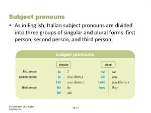 Subject pronouns As in English Italian subject pronouns