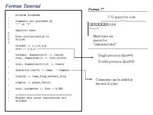 Fortran Tutorial Fortran 77 program progname 7 72