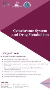 Cytochrome System and Drug Metabolism Objectives By the