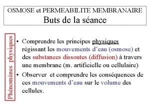 OSMOSE et PERMEABILITE MEMBRANAIRE Phnomnes physiques Buts de