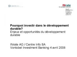 Pourquoi investir dans le dveloppement durable Enjeux et