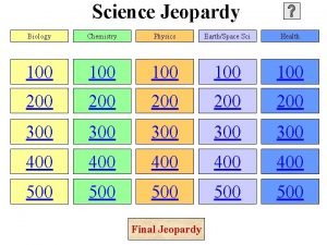Science Jeopardy Biology Chemistry Physics EarthSpace Sci Health