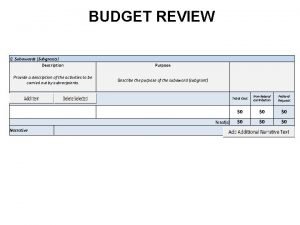 BUDGET REVIEW G Subawards Subgrants Description Describe the