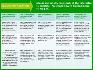 GEOGRAPHY Activity List Choose one activity from each