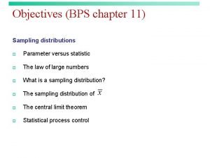Objectives BPS chapter 11 Sampling distributions p Parameter