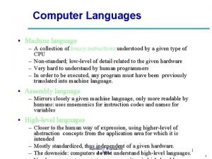 Computer Languages Machine language A collection of binary