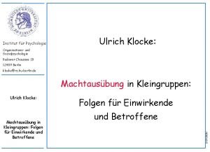 Institut fr Psychologie Ulrich Klocke Organisations und Sozialpsychologie
