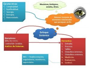 Caractersticas Complejidad Equifinalidad Sinergia Entropa Homeostasis Mecnicos biolgicos