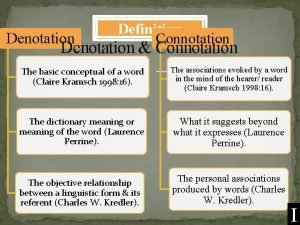 Denotation Definition Connotation Denotation Connotation The basic conceptual