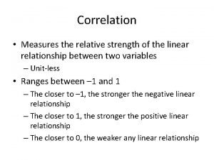 Correlation Measures the relative strength of the linear