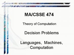 MACSSE 474 Theory of Computation Decision Problems Languages