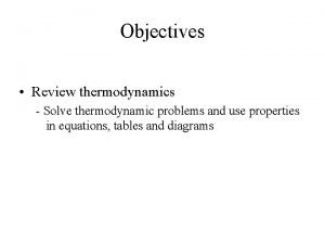 Objectives Review thermodynamics Solve thermodynamic problems and use