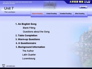 Before Reading Global Reading 1 An English Song