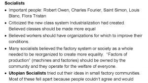 Socialists Important people Robert Owen Charles Fourier Saint