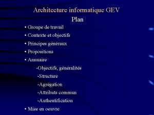 Architecture informatique GEV Plan Groupe de travail Contexte