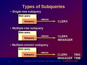 Types of Subqueries Singlerow subquery Main query Subquery