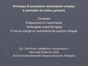 Principes danesthsieranimation simples connatre en milieu prcaire Contexte