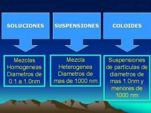 SOLUCIONES SUSPENSIONES COLOIDES Mezclas Homogeneas Diametros de 0