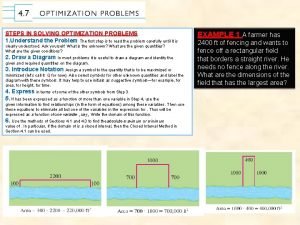 STEPS IN SOLVING OPTIMIZATION PROBLEMS 1 Understand the