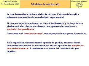 Departamento de Fsica Fac Ciencias Exactas UNLP Modelos